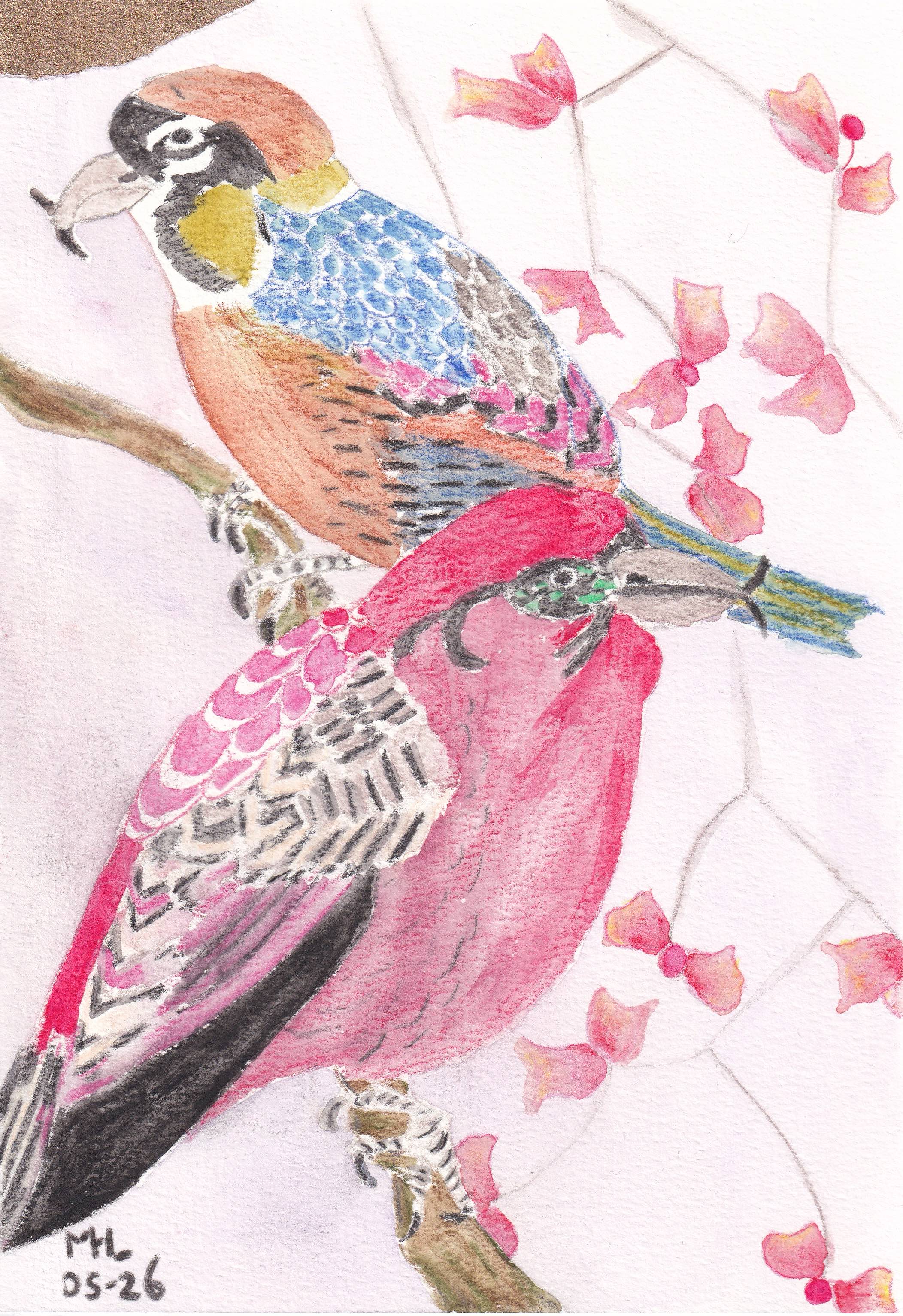 Marc Leeflang / Two Japanese birds with pink flowers